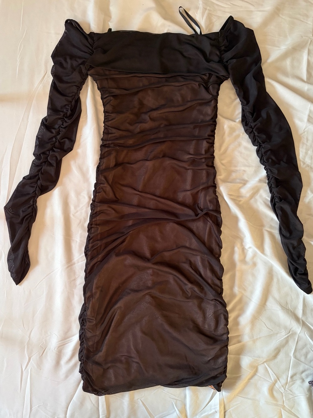 Le Château Sheer Ruched Long Sleeve Black Dress